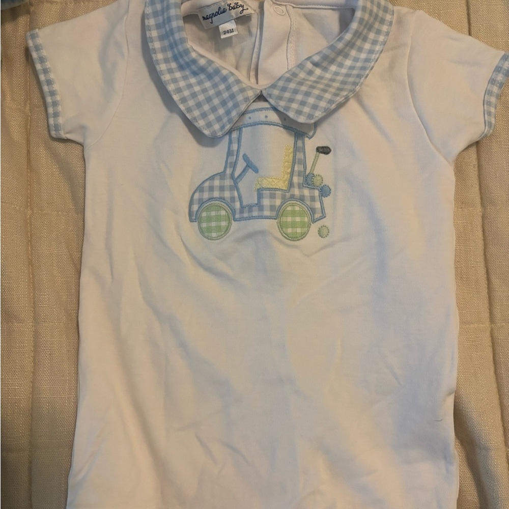 Kids White and Blue Tee with Gingham Collar